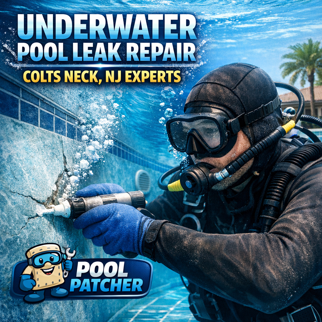Technician repairing an underwater pool leak with specialized patch equipment in Colts Neck, NJ.
