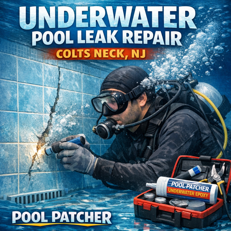 Technician repairing an underwater pool leak in a residential pool in Colts Neck, NJ.