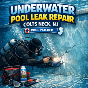 Technician repairing a leak underwater in a residential pool in Colts Neck, NJ.