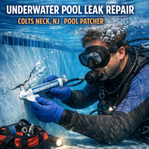 Technician performing underwater pool leak repair using specialized patching tools in a residential pool.