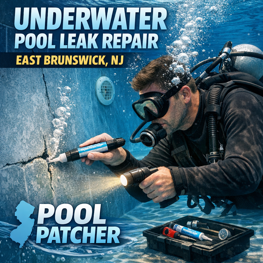 Technician repairing an underwater pool leak in East Brunswick, NJ using specialized tools.