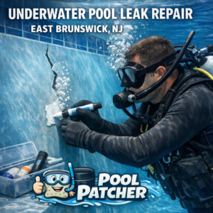 Technician repairing an underwater pool leak using specialized tools in East Brunswick, NJ.