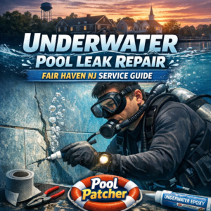 Technician repairing a pool leak underwater using specialized tools in Fair Haven, NJ.