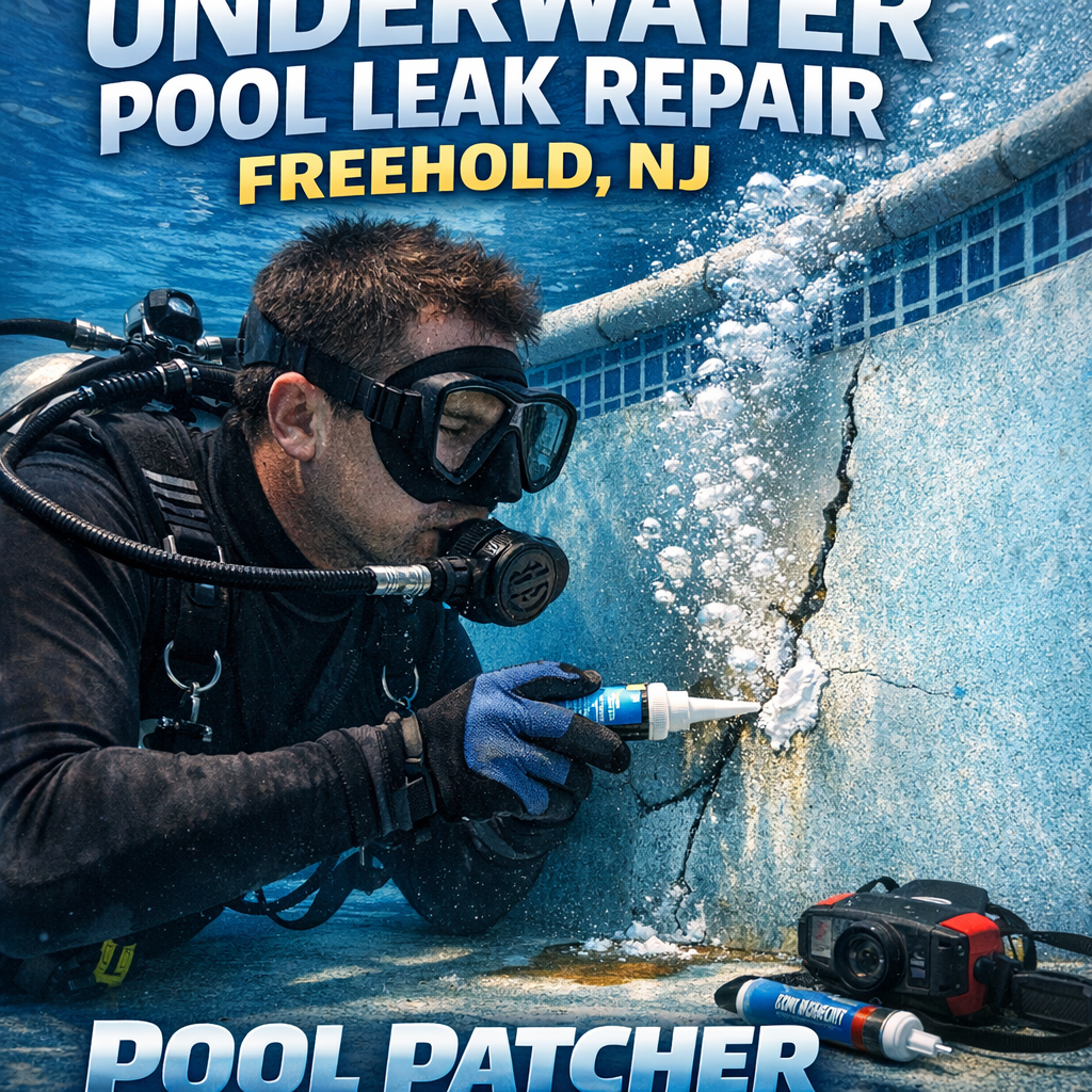 Professional repairing an underwater pool leak in Freehold, NJ using specialized pool patching tools.