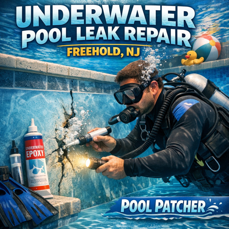 Technician performing underwater pool leak repair in a residential pool in Freehold, NJ.