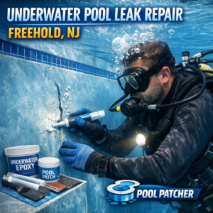 Technician performing underwater pool leak repair with epoxy and patch in Freehold, NJ.