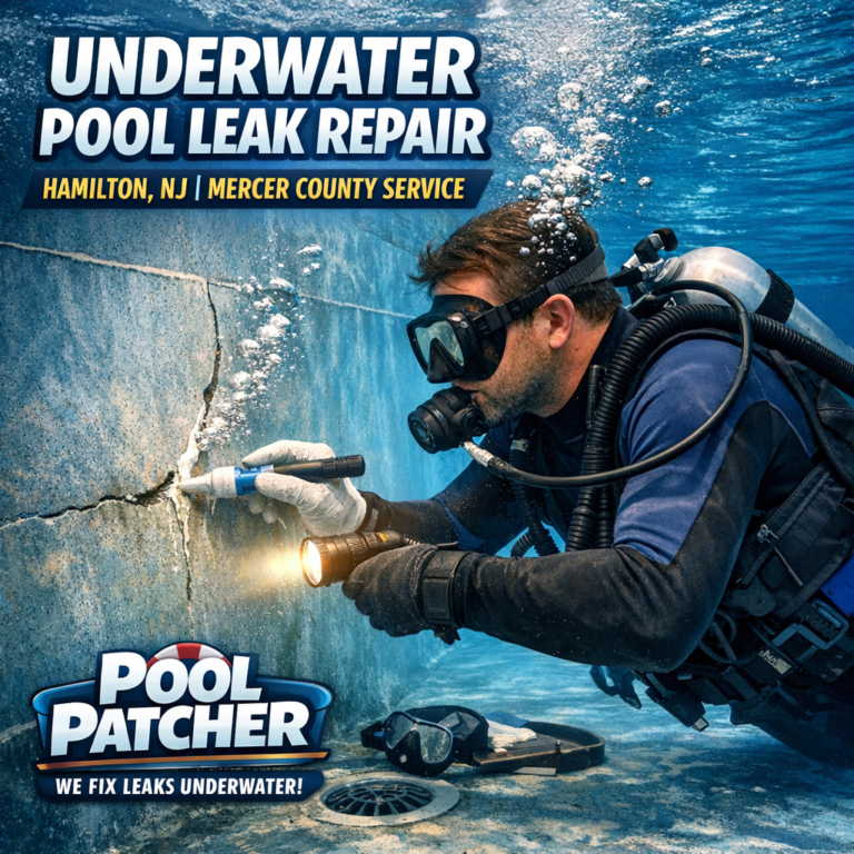 Technician repairing an underwater pool leak using specialized equipment in a residential pool in Hamilton, NJ.
