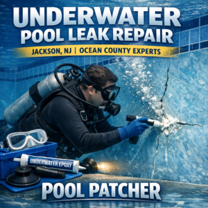 Technician repairing an underwater pool leak with specialized equipment in Jackson, NJ.