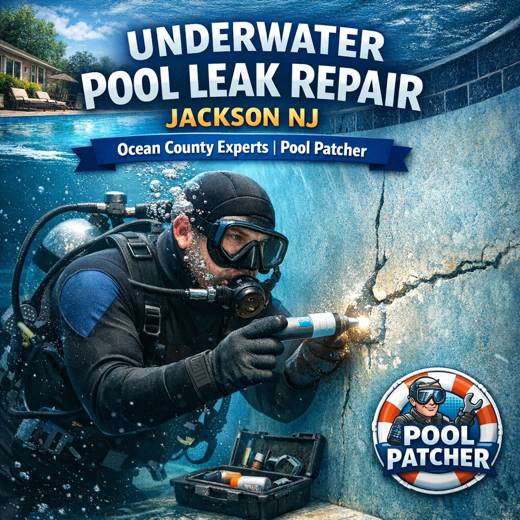 Technician repairing an underwater pool leak with specialized equipment in Jackson, NJ.