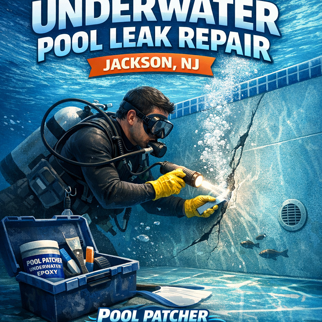 Professional diver repairing underwater pool leak in Jackson, NJ using patching tools.