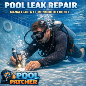 Professional technician performing underwater pool leak repair in a clear blue pool in Manalapan, NJ.