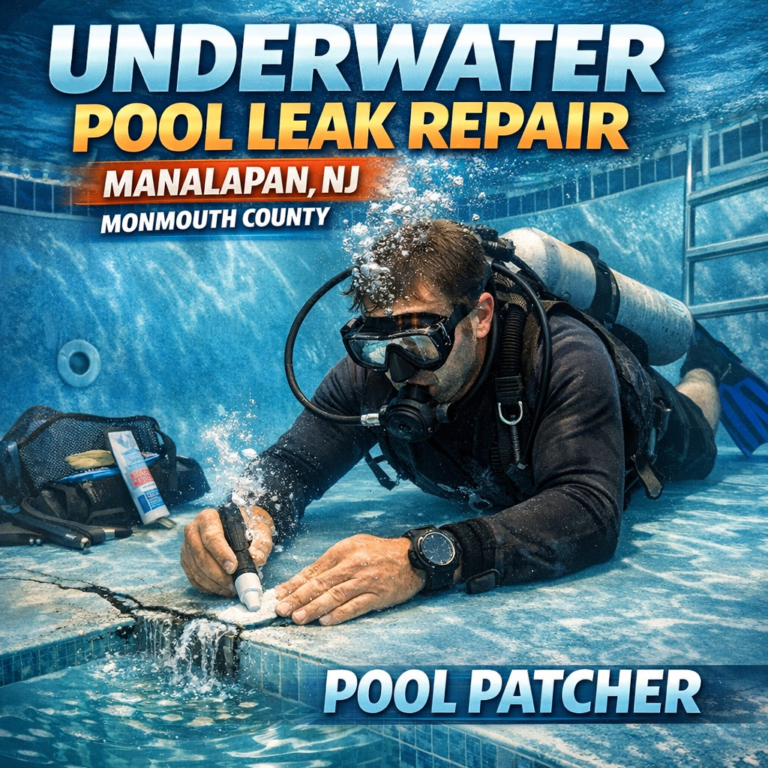 Professional repairing an underwater pool leak in a residential pool in Manalapan, NJ.