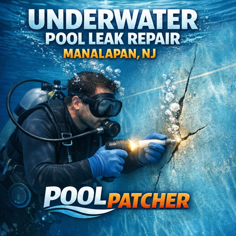 Technician repairing an underwater pool leak with specialized equipment in Manalapan, NJ.