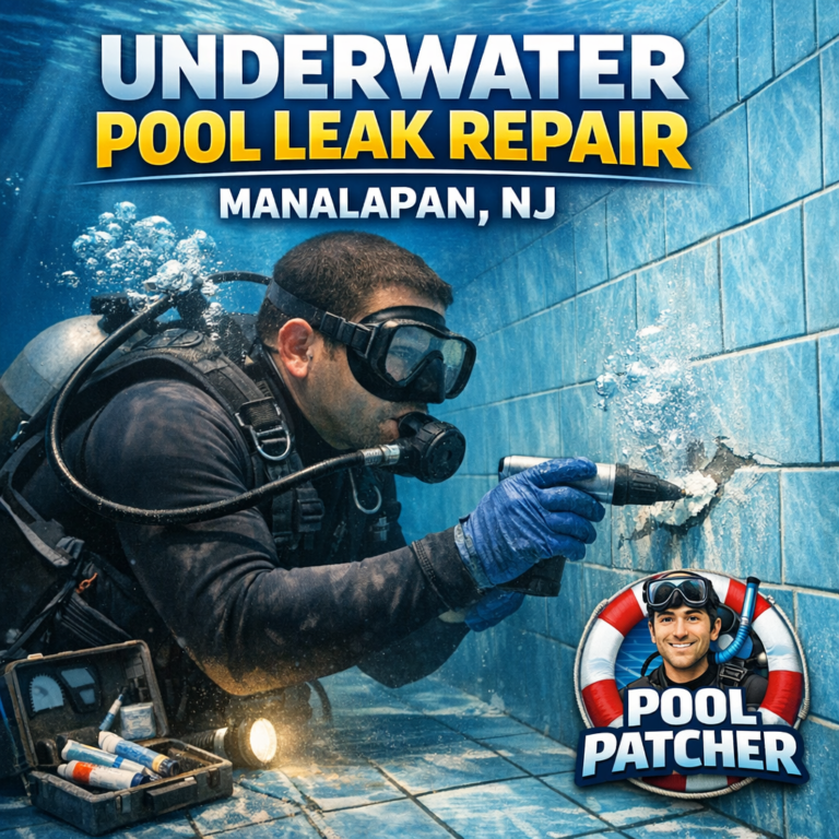 Technician performing underwater pool leak repair in Manalapan, NJ using specialized tools.