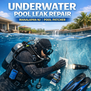 Professional repairing an underwater pool leak in Manalapan, NJ with specialized equipment.
