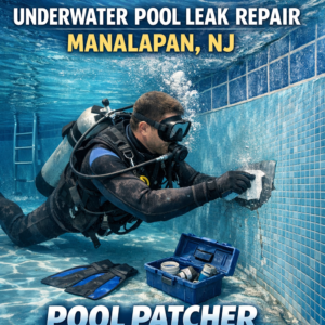 A professional repairs a pool leak underwater in Manalapan, NJ, using specialized patching tools.