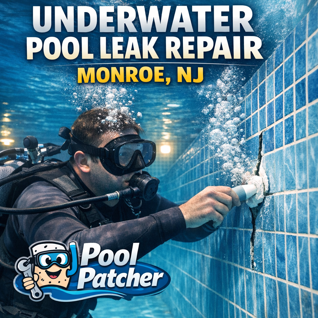 Technician performing underwater pool leak repair in Monroe, NJ using specialized equipment.