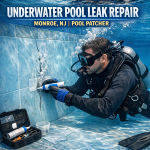 Professional repairing an underwater pool leak in Monroe, NJ, sealing a crack with specialized equipment.