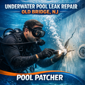 Technician repairing underwater pool leak with specialized tools in Old Bridge, NJ.