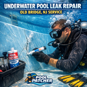 Technician repairing an underwater pool leak beneath an old bridge in Old Bridge, NJ.