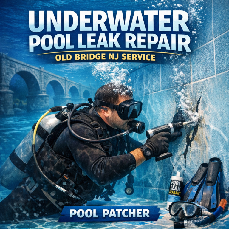 Technician performing underwater pool leak repair in an indoor pool in Old Bridge, NJ.