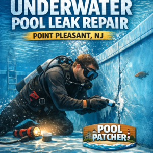 Technician in diving gear repairs an underwater pool leak with specialized equipment in Point Pleasant, NJ.