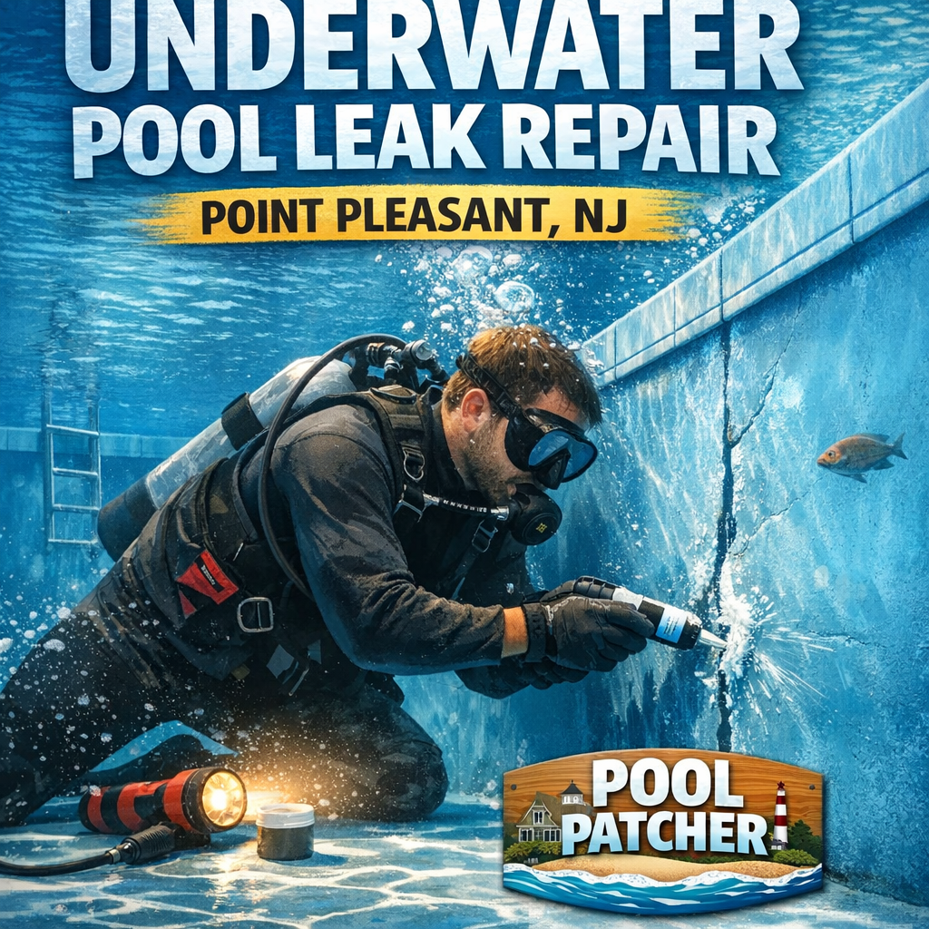 Technician in diving gear repairs an underwater pool leak with specialized equipment in Point Pleasant, NJ.