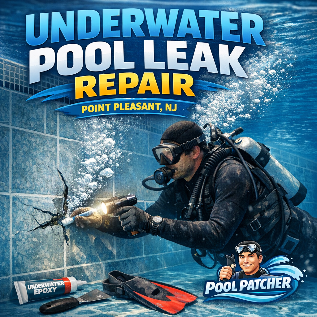 Technician performing underwater pool leak repair with specialized tools in a residential pool in Point Pleasant, NJ.