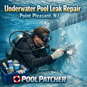 Technician performing underwater pool leak repair in a residential pool in Point Pleasant, NJ.