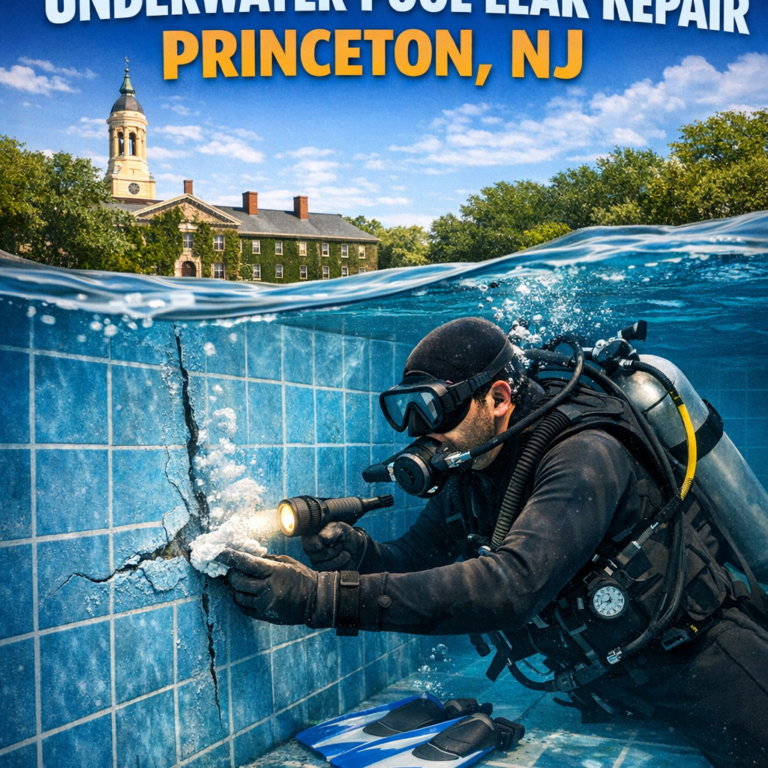 Professional diver repairing an underwater pool leak in Princeton, NJ.