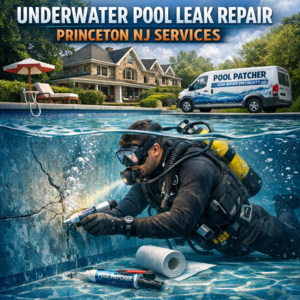 Professional diver performing underwater pool leak repair using specialized equipment in a residential pool.