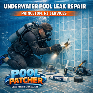 A diver repairing an underwater pool leak using specialized tools in a clear swimming pool.