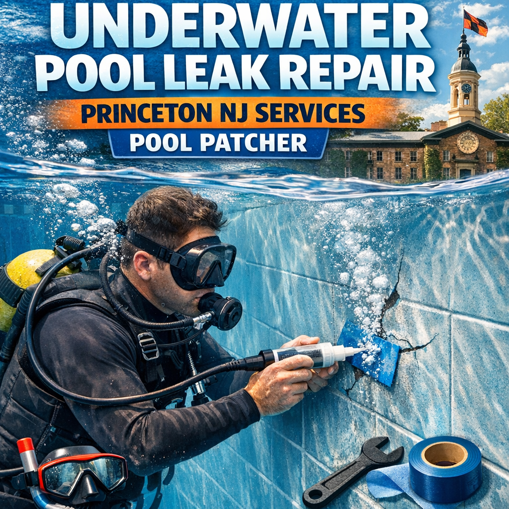 Underwater pool leak repair technician patches a pool floor in Princeton, NJ with specialized tools.