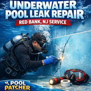 Technician performing underwater pool leak repair in a residential pool in Red Bank, NJ.