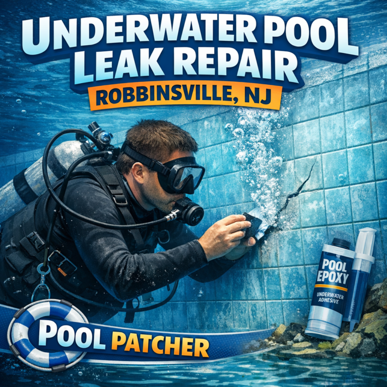 Technician repairing an underwater pool leak using specialized equipment in Robbinsville, NJ.