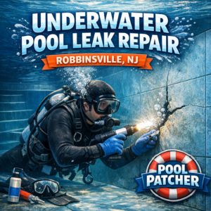 Technician repairing underwater pool leak in Robbinsville, NJ using specialized equipment.