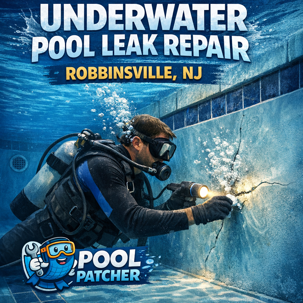 Technician repairing an underwater pool leak using specialized tools and equipment in Robbinsville, NJ.