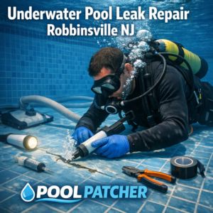 Technician performing underwater pool leak repair in a residential pool in Robbinsville, NJ.