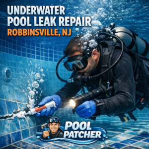 Technician repairing an underwater pool leak in Robbinsville, NJ using specialized equipment.