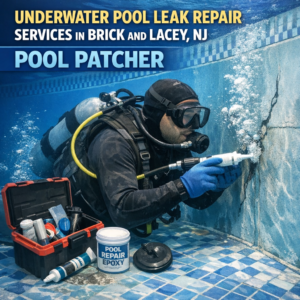 Technician repairing underwater pool leak with patcher and epoxy in a residential pool in Brick and Lacey, NJ.