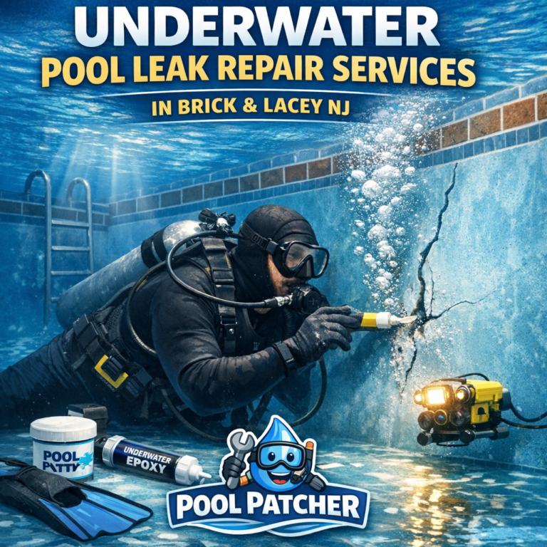 Technician repairing an underwater pool leak in a residential pool using specialized equipment.