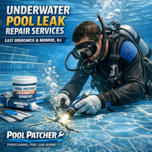 Technician repairing an underwater pool leak with specialized equipment in East Brunswick, NJ.