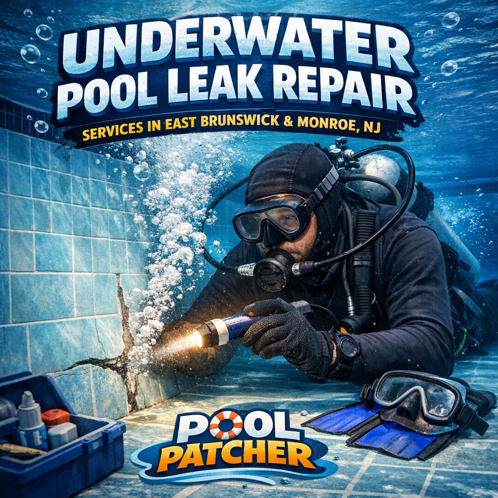Technician repairing an underwater pool leak, wearing scuba gear with repair tools in a residential pool.