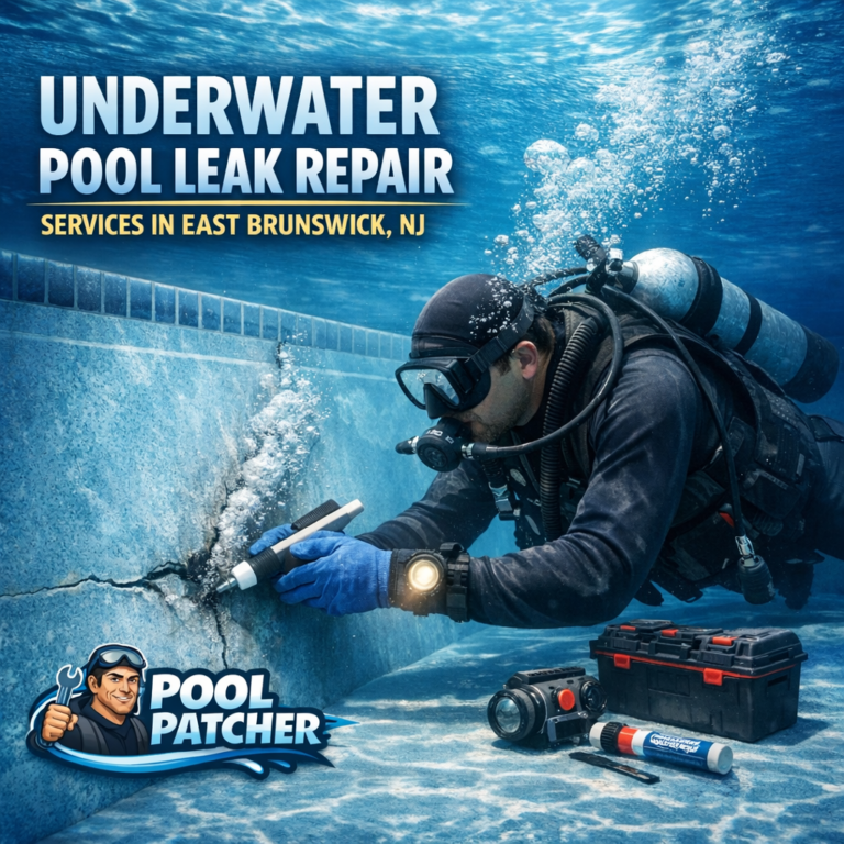 Technician repairing an underwater pool leak with specialized equipment in East Brunswick, NJ.