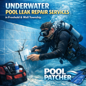 Technician repairing an underwater pool leak using specialized equipment in a residential pool.