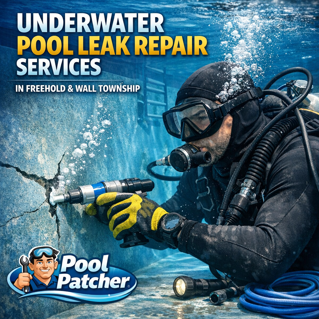 Technician repairing an underwater pool leak using specialized equipment in a residential pool.