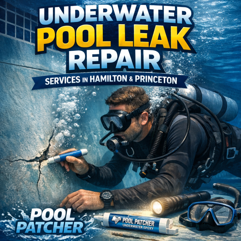 Technician repairing an underwater pool leak using specialized equipment in a residential swimming pool.