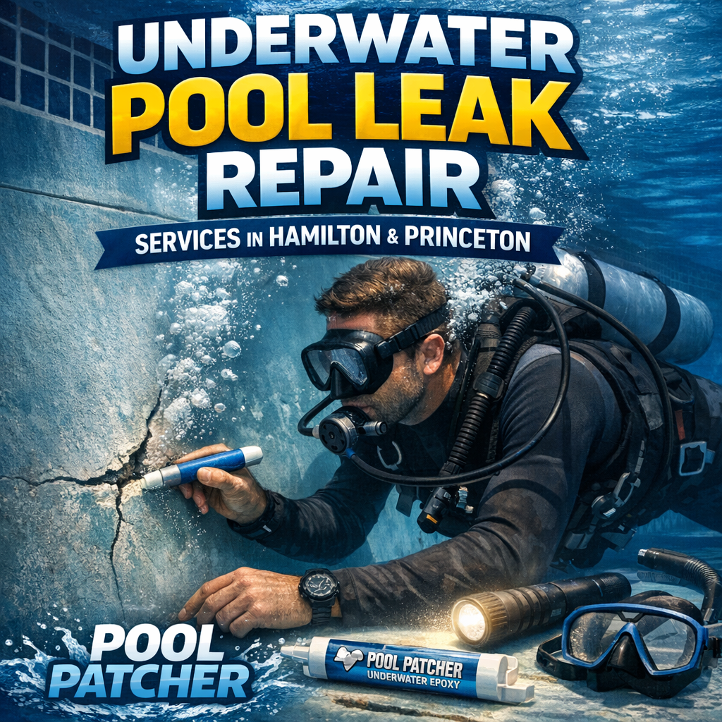 Technician repairing an underwater pool leak using specialized equipment in a residential swimming pool.