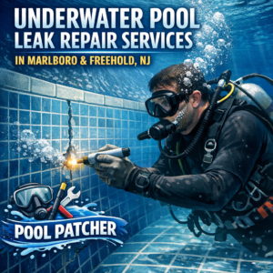 Technician repairing an underwater pool leak using specialized equipment in a residential swimming pool.