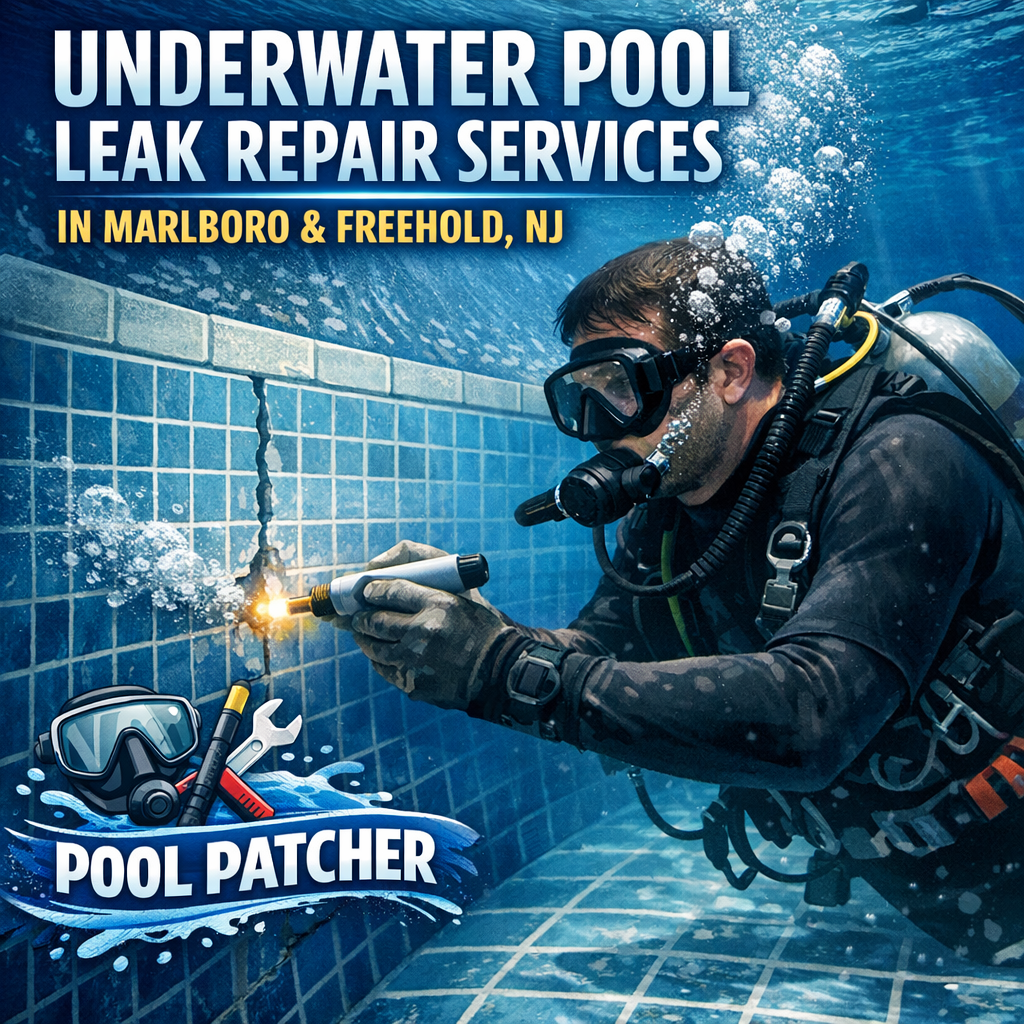 Technician repairing an underwater pool leak using specialized equipment in a residential swimming pool.